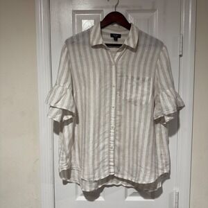 Lord & Taylor Woman 1X 100% Linen Striped Button Front Blouse Beige White